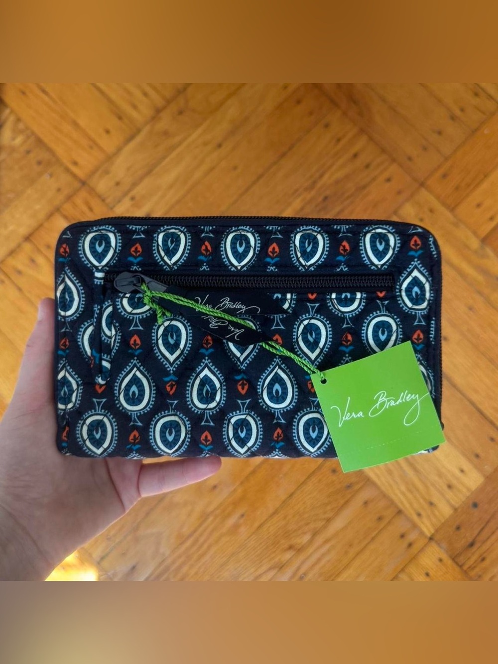 BRAND NEW WITH TAGS vera bradley navy blue and orange/red paisley wallet/clutch